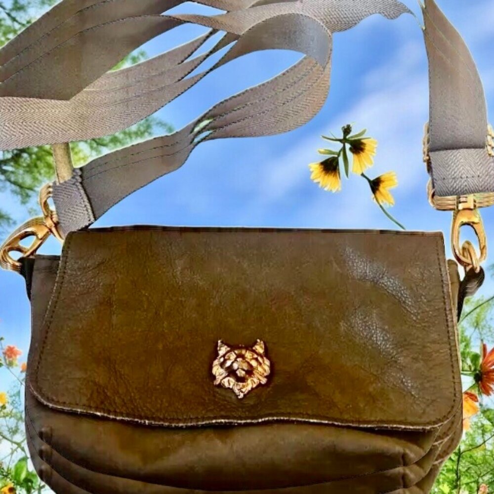 Sous les Pavés Paris SLP Green Lambskin Handbag Crossbody Web Strap Bronze Cat - Picture 2 of 15